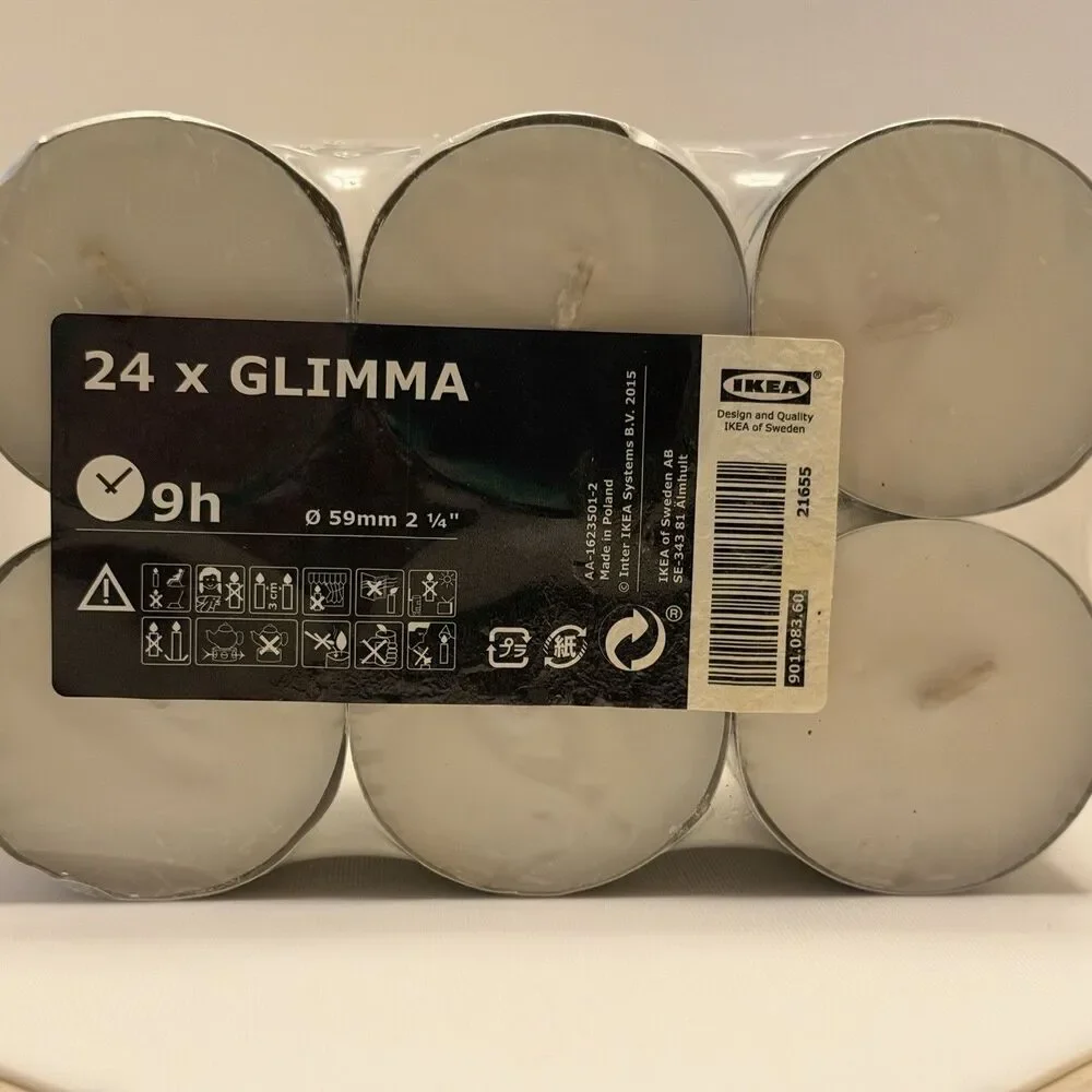 IKEA GLIMMA 24 Pack Tea Light Candles Large Unscented 9 Hour Burn White New